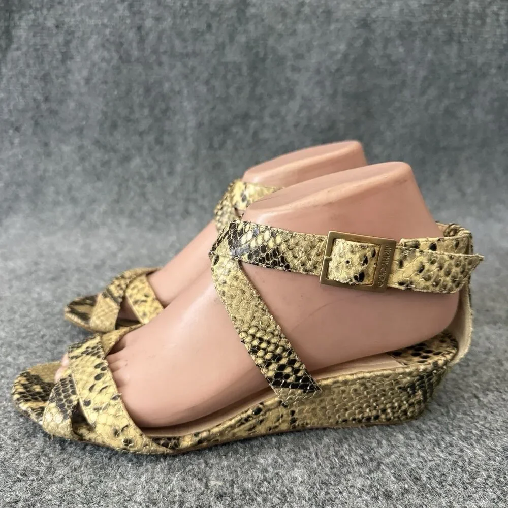 Jimmy Choo Connor Tan Snake Print Ankle Strap Low Wedge Sandals EU 37.5 US 7.5